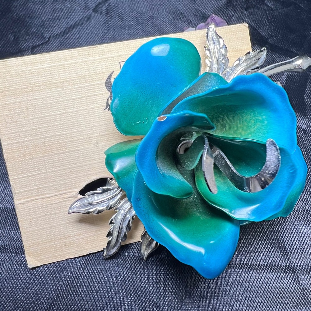 Vintage Coro Teal Blue‎ Enamel Rose Brooch Silver Tone Floral Pin with Card